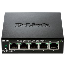 D-Link DES-105 Conmutador de Red Ethernet 5 Puertos 10/100 Mbps, No Administrado, Plug and Play, Carcasa Metal, Diseño Silencioso, Tecnología Green para Ahorro Energético